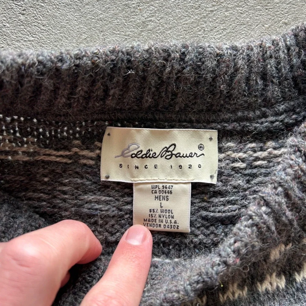 Vintage 90s Eddie Bauer Sweater Size Large Gray Striped Wool Pullover‎ USA Made
